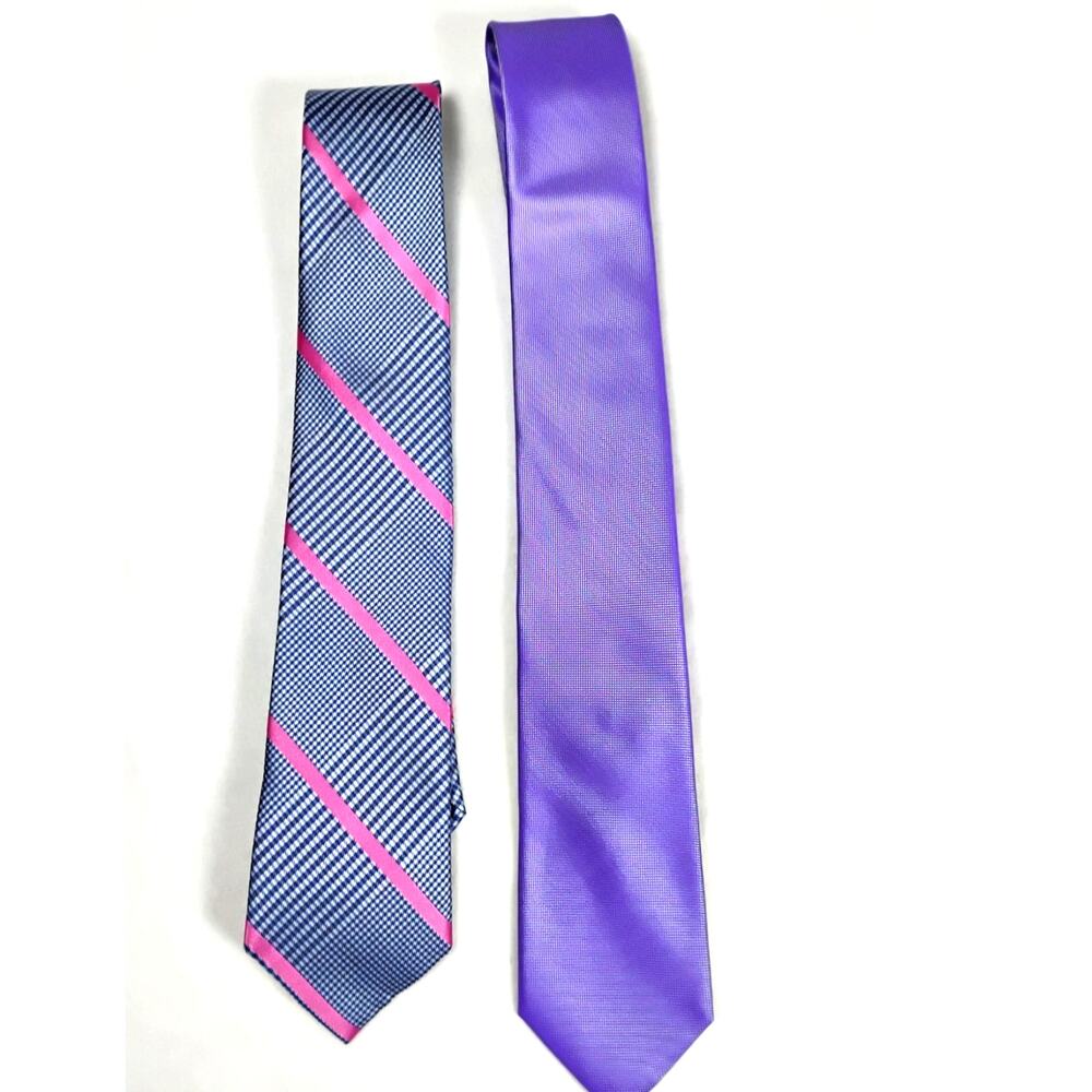 Set of 2 Preppy Neckties 100% Silk Houndstooth Stripe Izod Purple Calvin Klein